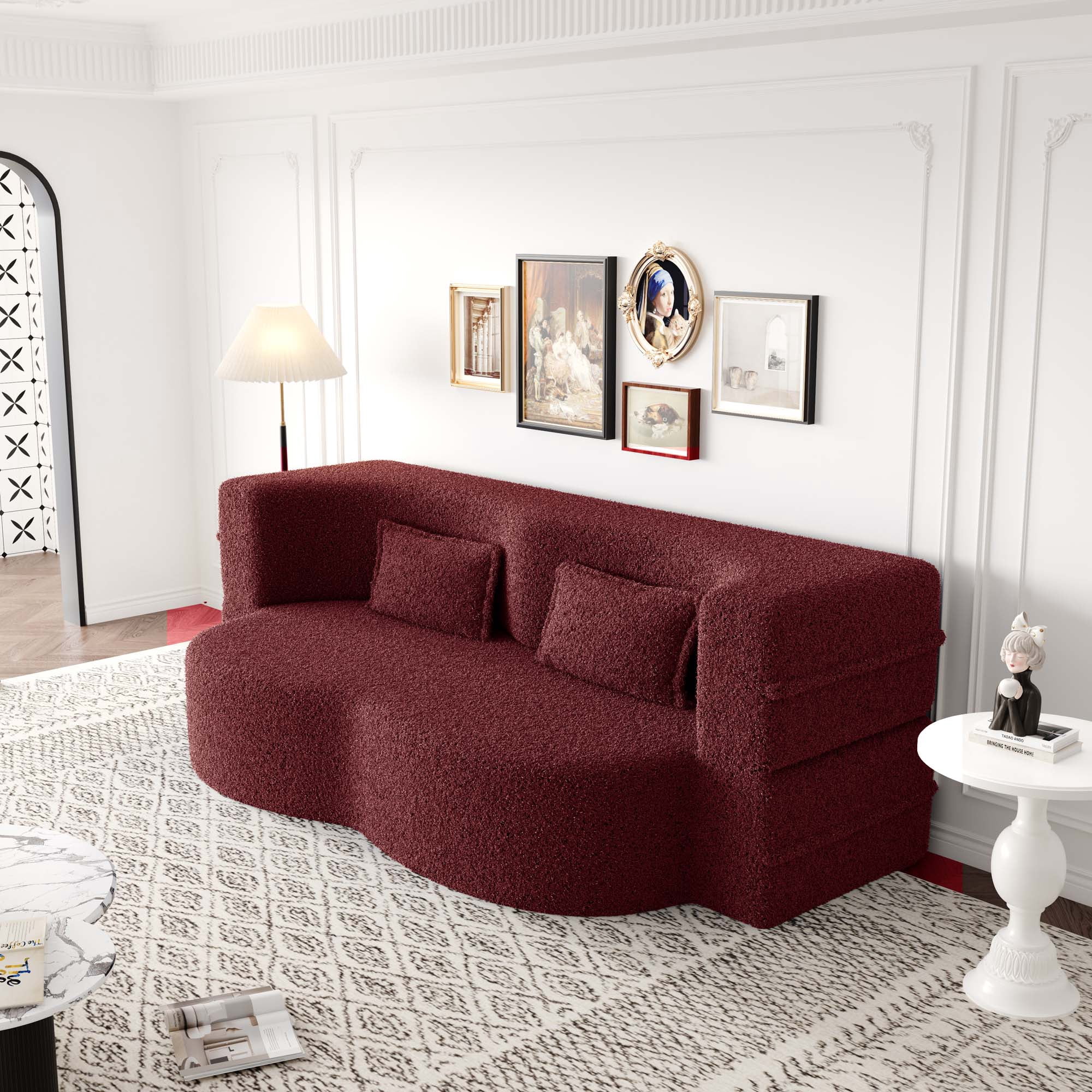 Miniyam Floor Sofa with 2 Pillows,Convertible Teddy Fabric Foam-Filled Sleeper Sofa Bed for Living Room,Guest Bed, Burgundy