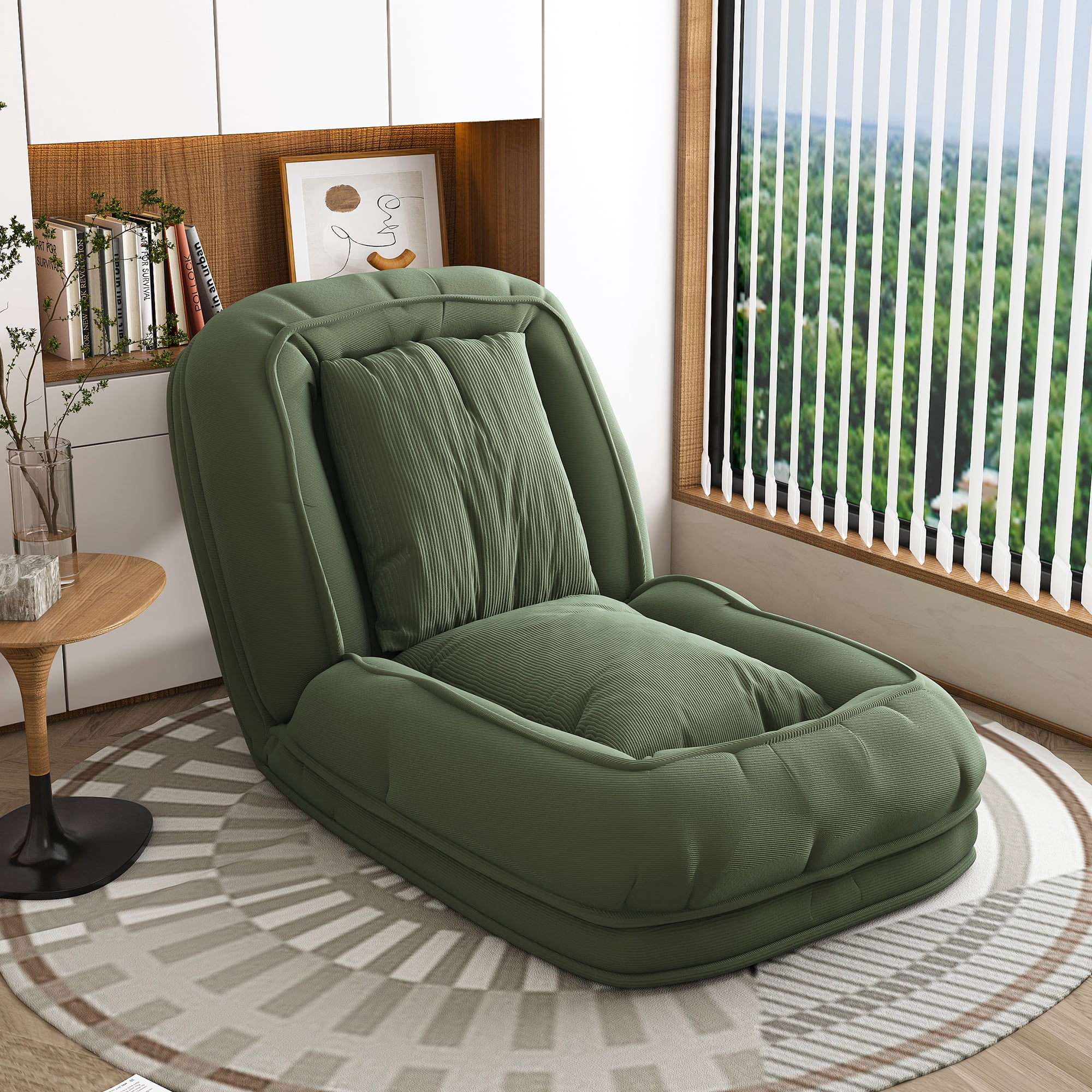 Miniyam Adjustable Folding Floor Chair Convertible Sofa Bed in Corduroy for Living Room Bedroom, Green
