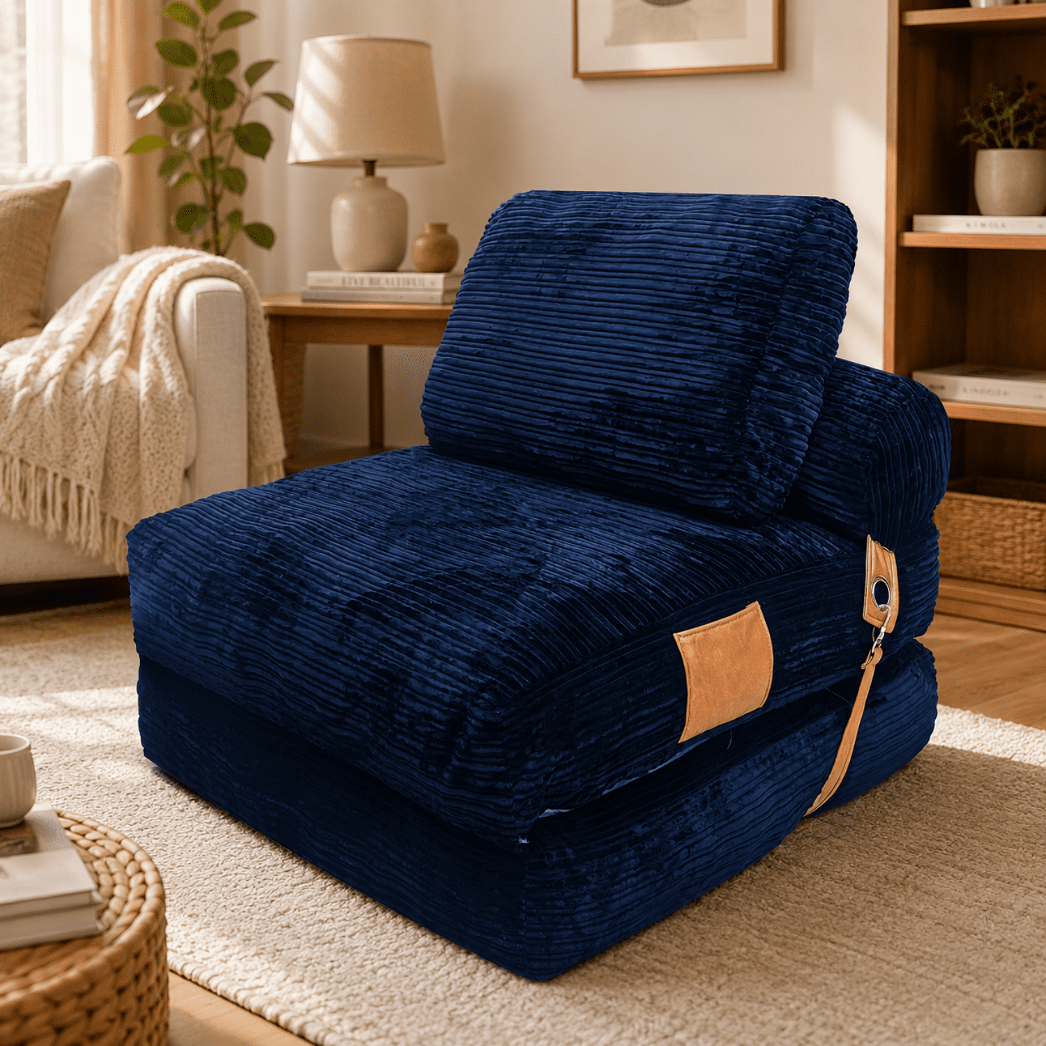 Miniyam Folding Floor Chair Bed, 3-in-1 Convertible Floor Sofa Bed with Flannelette Upholstery and Side Pockets, Blue