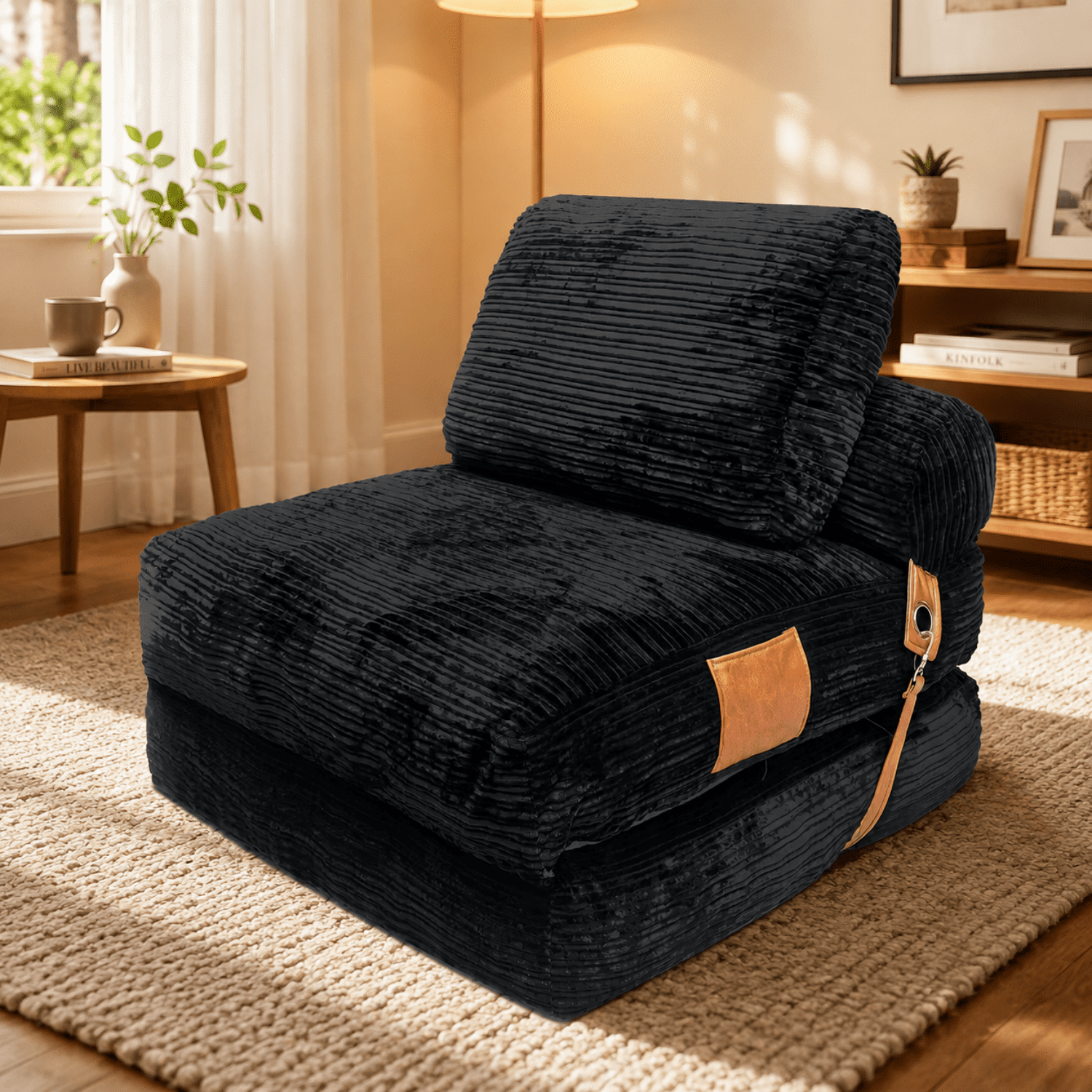 Miniyam Folding Floor Chair Bed, 3-in-1 Convertible Floor Sofa Bed with Flannelette Upholstery and Side Pockets, Gray