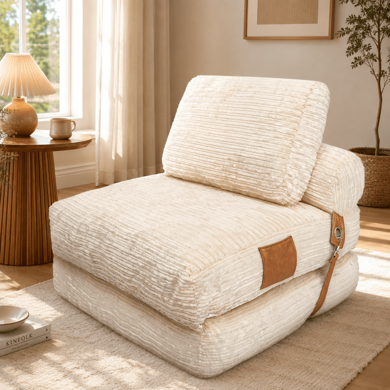 Miniyam Folding Floor Chair Bed, 3-in-1 Convertible Floor Sofa Bed with Flannelette Upholstery and Side Pockets, White