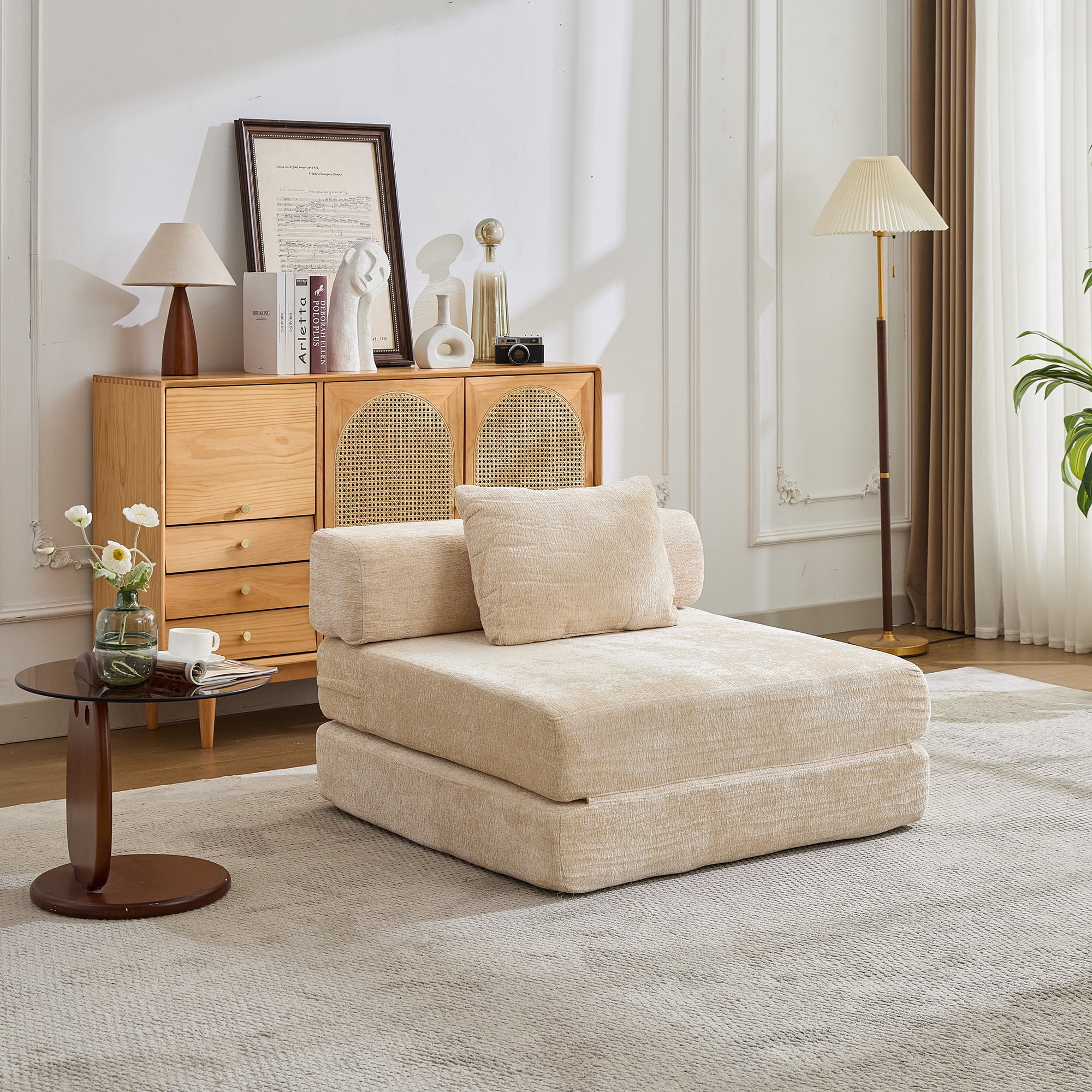 Miniyam Folding Sofa Bed, Convertible Sleeper Chair with Pillow Foldable Mattress with Back Support, Beige