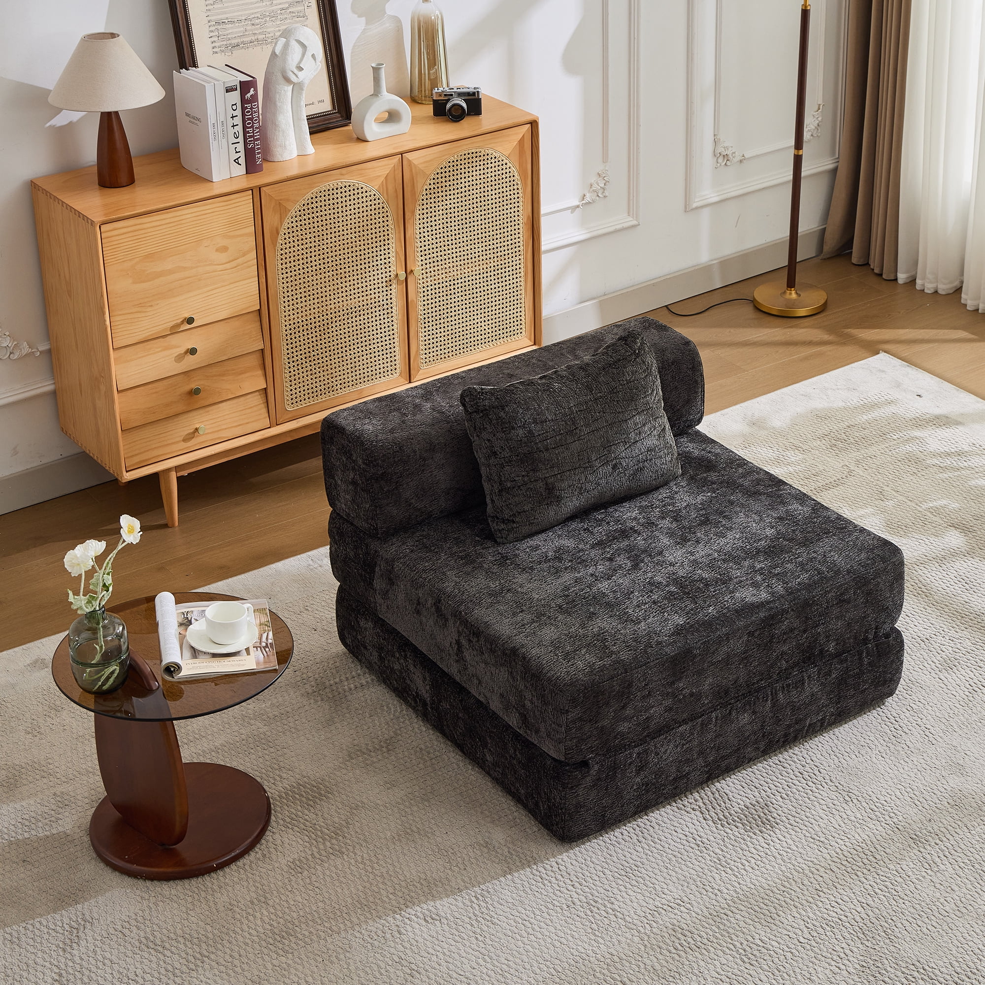 Miniyam Folding Sofa Bed, Convertible Sleeper Chair with Pillow Foldable Mattress with Back Support, Black