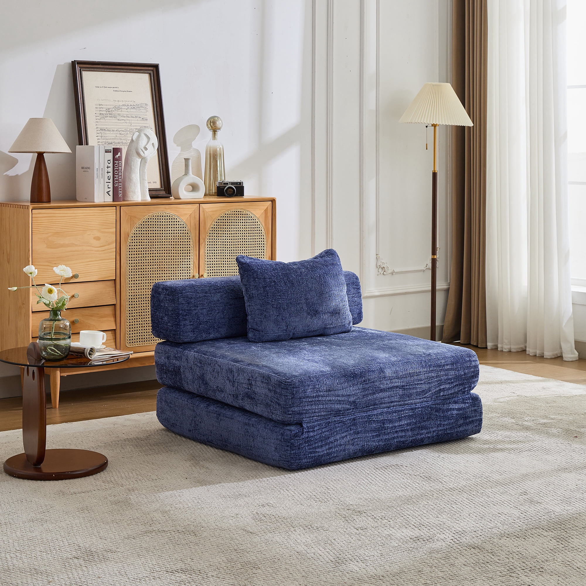 Miniyam Folding Sofa Bed, Convertible Sleeper Chair with Pillow Foldable Mattress with Back Support, Blue