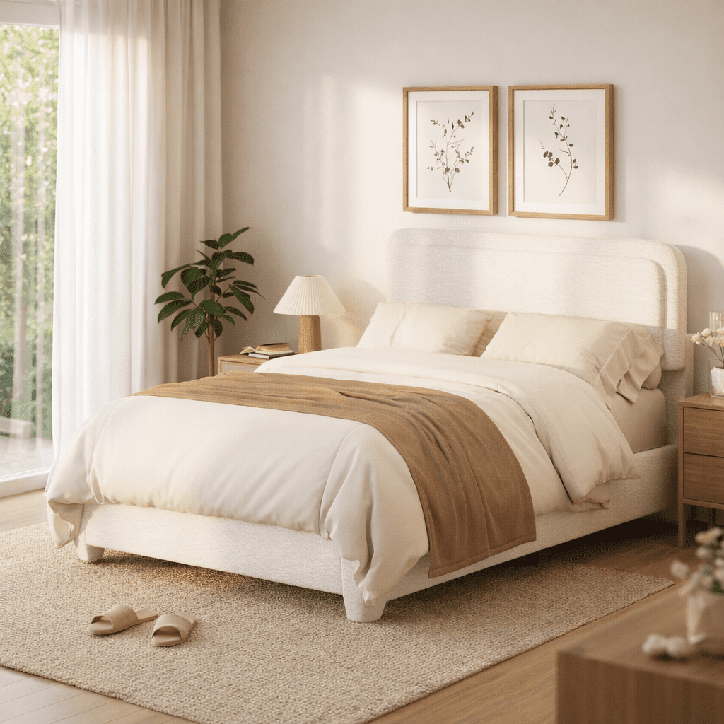Miniyam Full Boucle Upholstered Platform Bed Frame with Adjustable Curved Headboard, Wood Slat Support, White