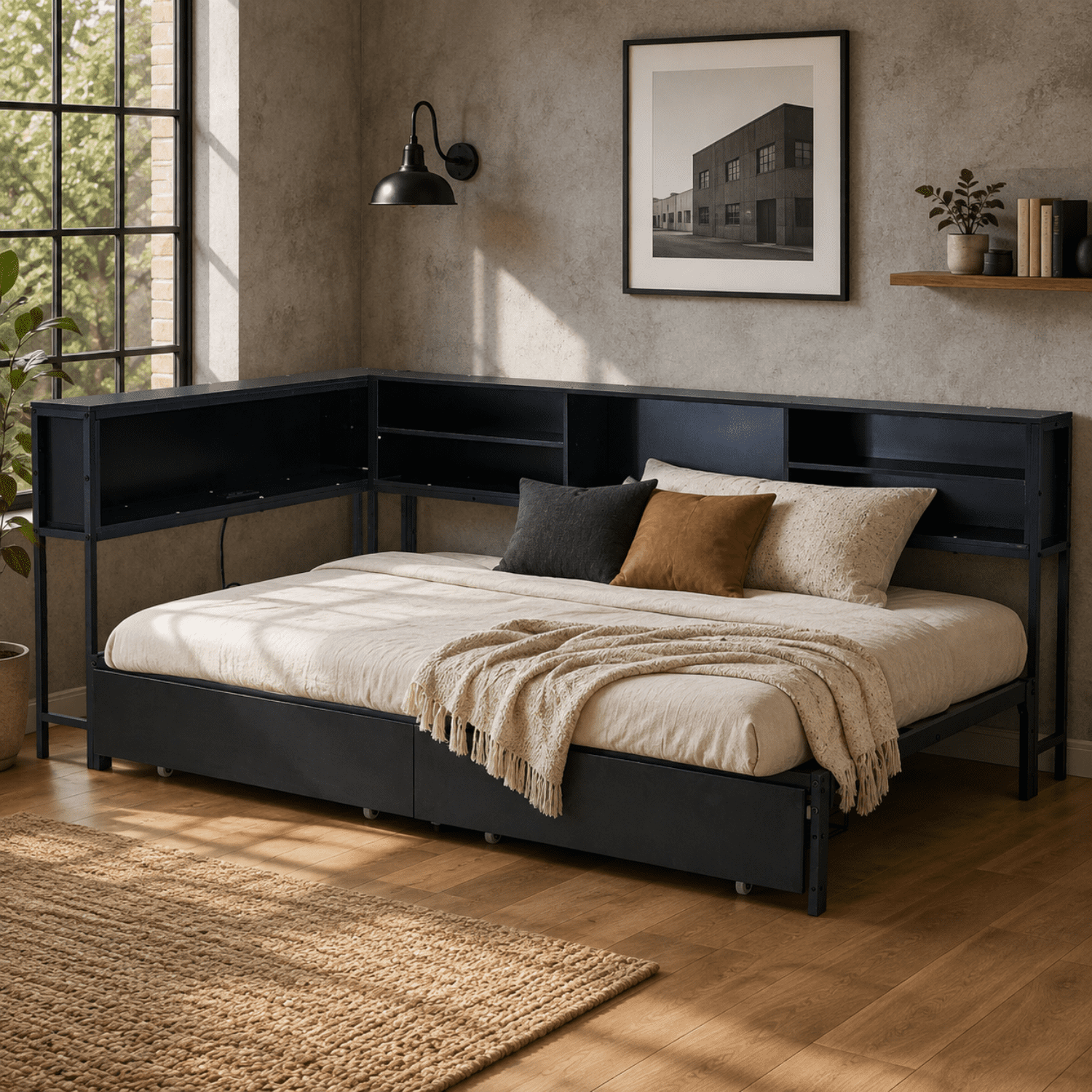 Miniyam Full Daybed with 2 Storage Drawers, LED Lights & Charging Station, Black