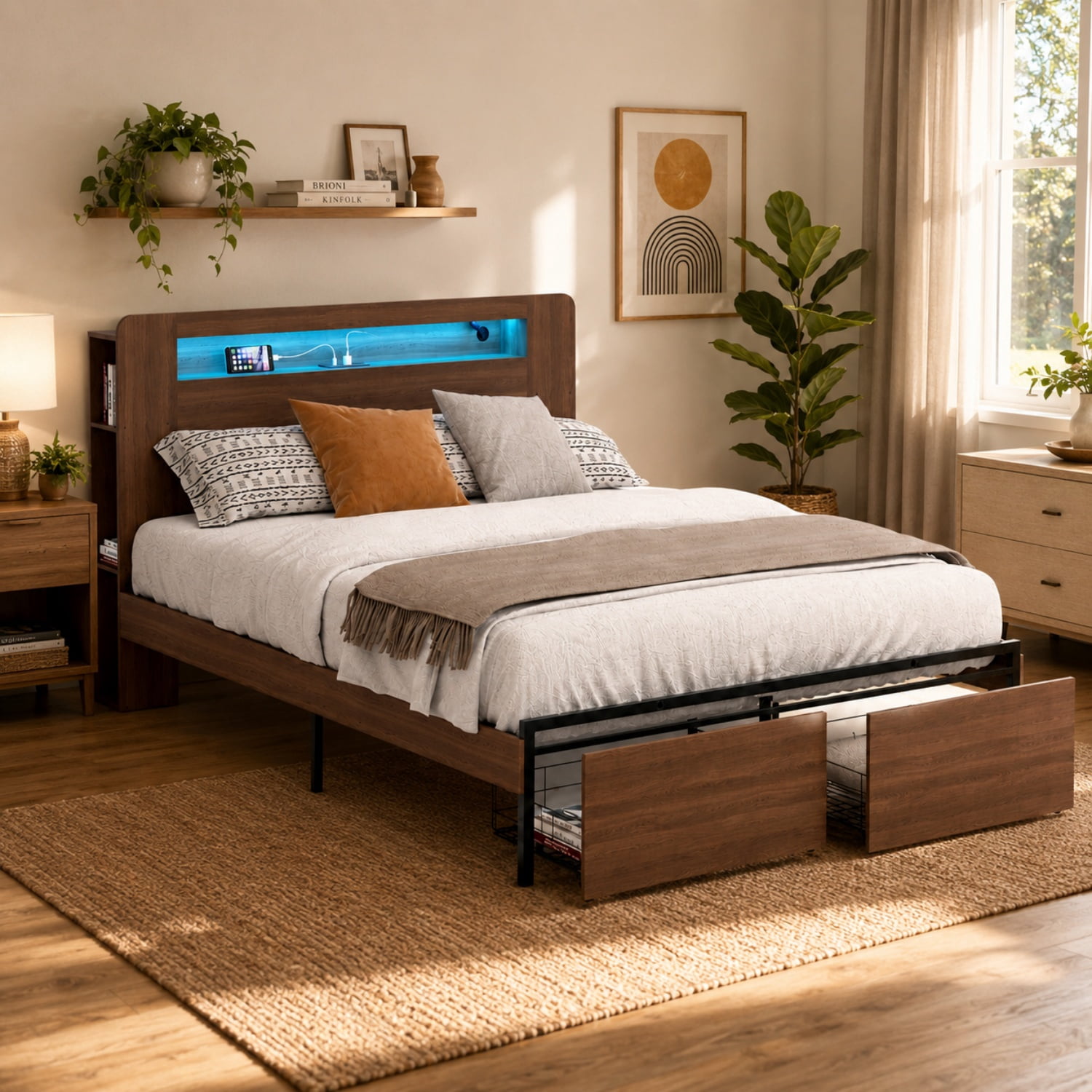 Miniyam Full Farmhouse Bed with Storage Headboard, LED Lights and Charging Station, Platform Bed Frame with 2 Drawers, Brown