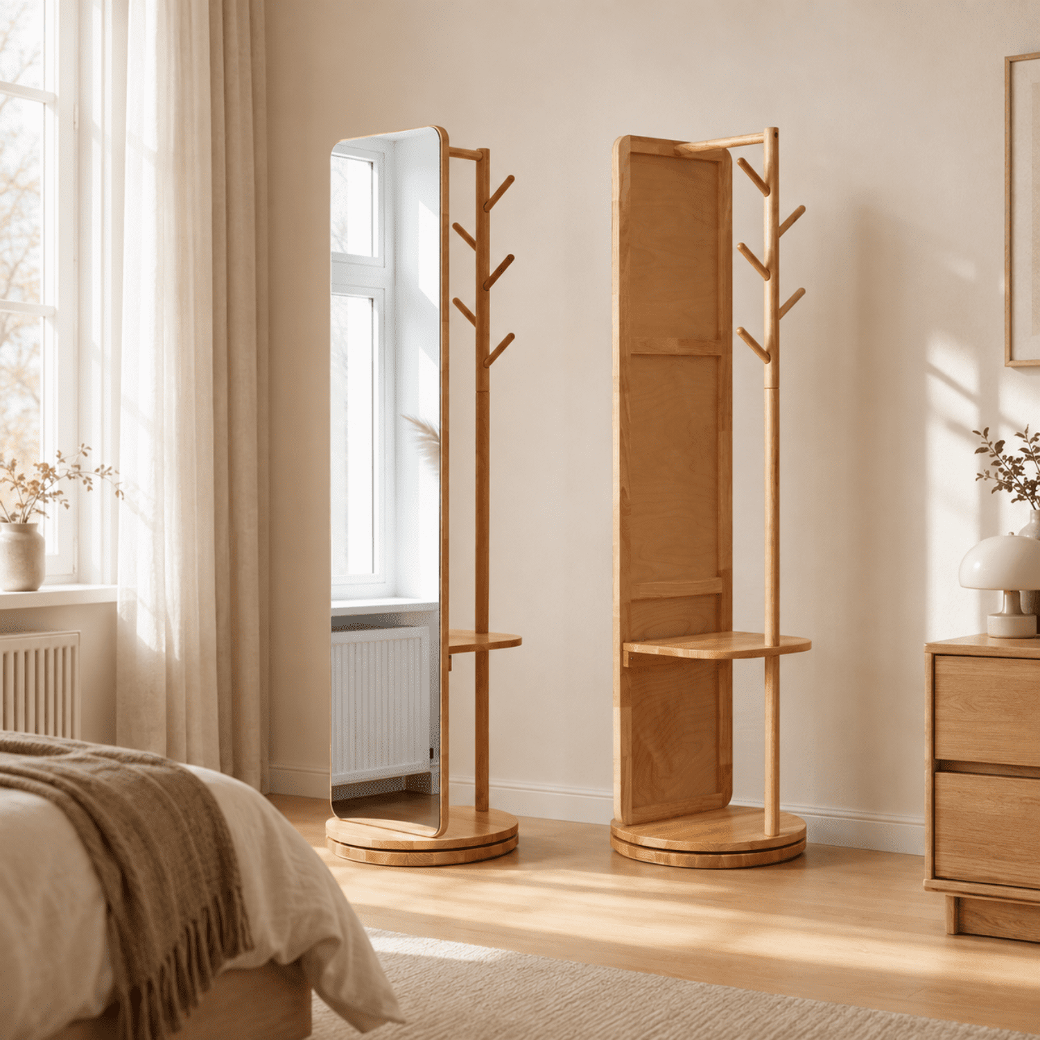 Miniyam Full Length Mirror with Coat Rack and Storage, 68.9" x 15.75" 360° Rotating Solid Wood Standing Mirror for Bedroom and Entryway, Natural