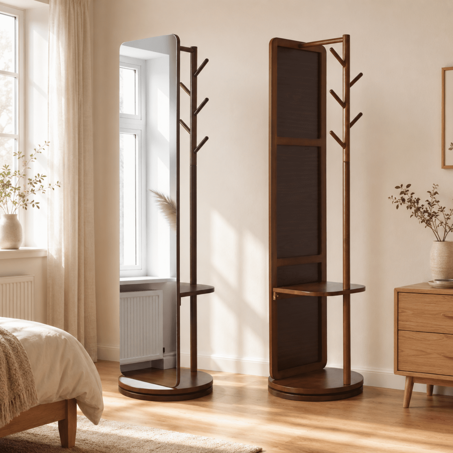 Miniyam Full Length Mirror with Coat Rack and Storage, 68.9" x 15.75" 360° Rotating Solid Wood Standing Mirror for Bedroom and Entryway, Walnut