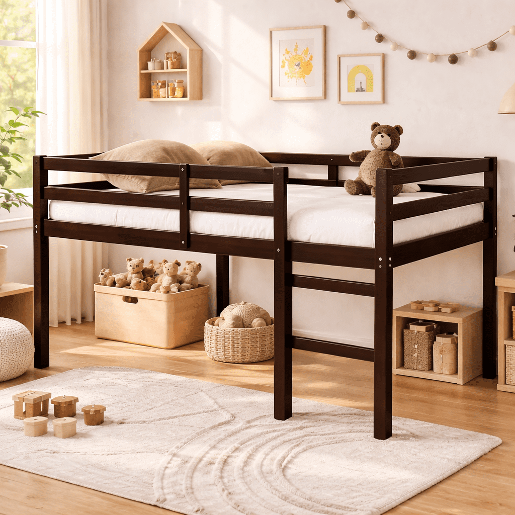 Miniyam Full Loft Bed for Kids, Solid Wood Frame with Ladder and Guardrails, Space-Saving Design, Espresso