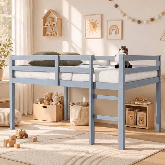 Miniyam Full Loft Bed for Kids, Solid Wood Frame with Ladder and Guardrails, Space-Saving Design, Gray