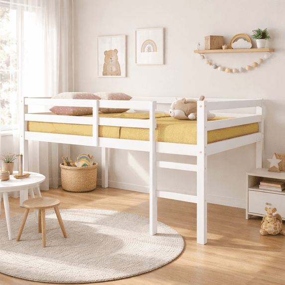 Miniyam Full Loft Bed for Kids, Solid Wood Frame with Ladder and Guardrails, Space-Saving Design, White