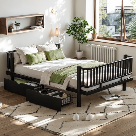 Miniyam Full Metal Daybed Frame with Storage Drawers, Low Profile Platform Bed with Guardrails, Black
