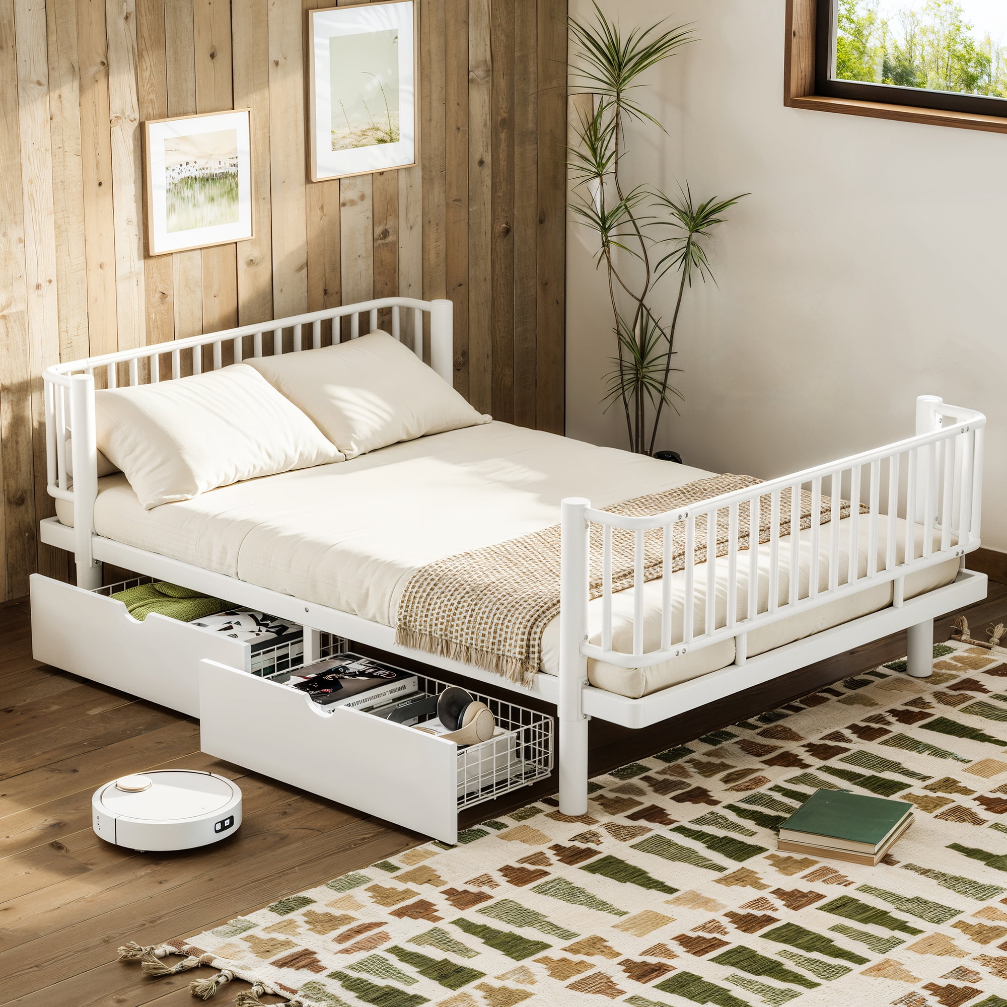 Miniyam Full Metal Daybed Frame with Storage Drawers, Low Profile Platform Bed with Guardrails, White