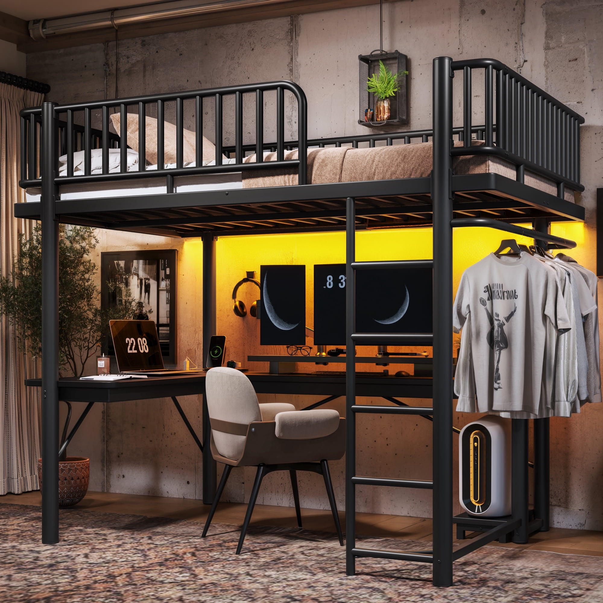 Miniyam Full Metal Loft Bed with L-Shaped Desk, LED Light Strip, Charging Station and PC Tower Tray, Black