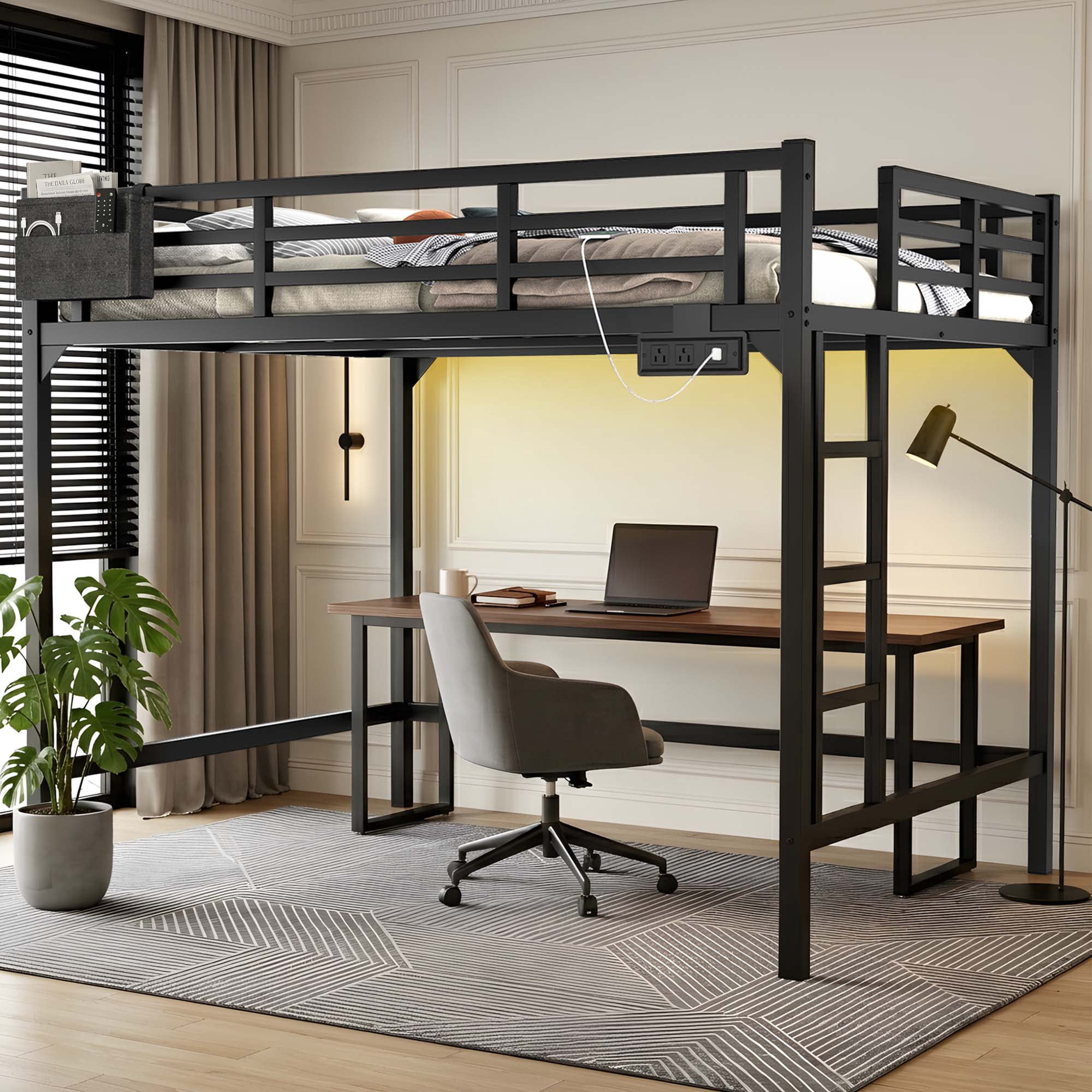 Miniyam Full Metal Loft Bed with LED and Charging Station for Adults in Apartments, Black