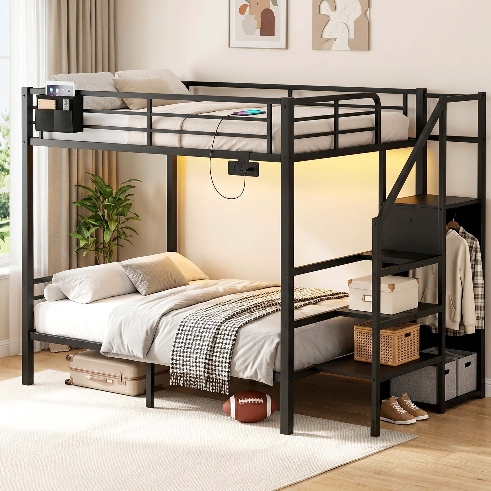 Miniyam Full Over Full Bunk Bed with Stairs, Storage and Charging Station, Metal Frame, Black
