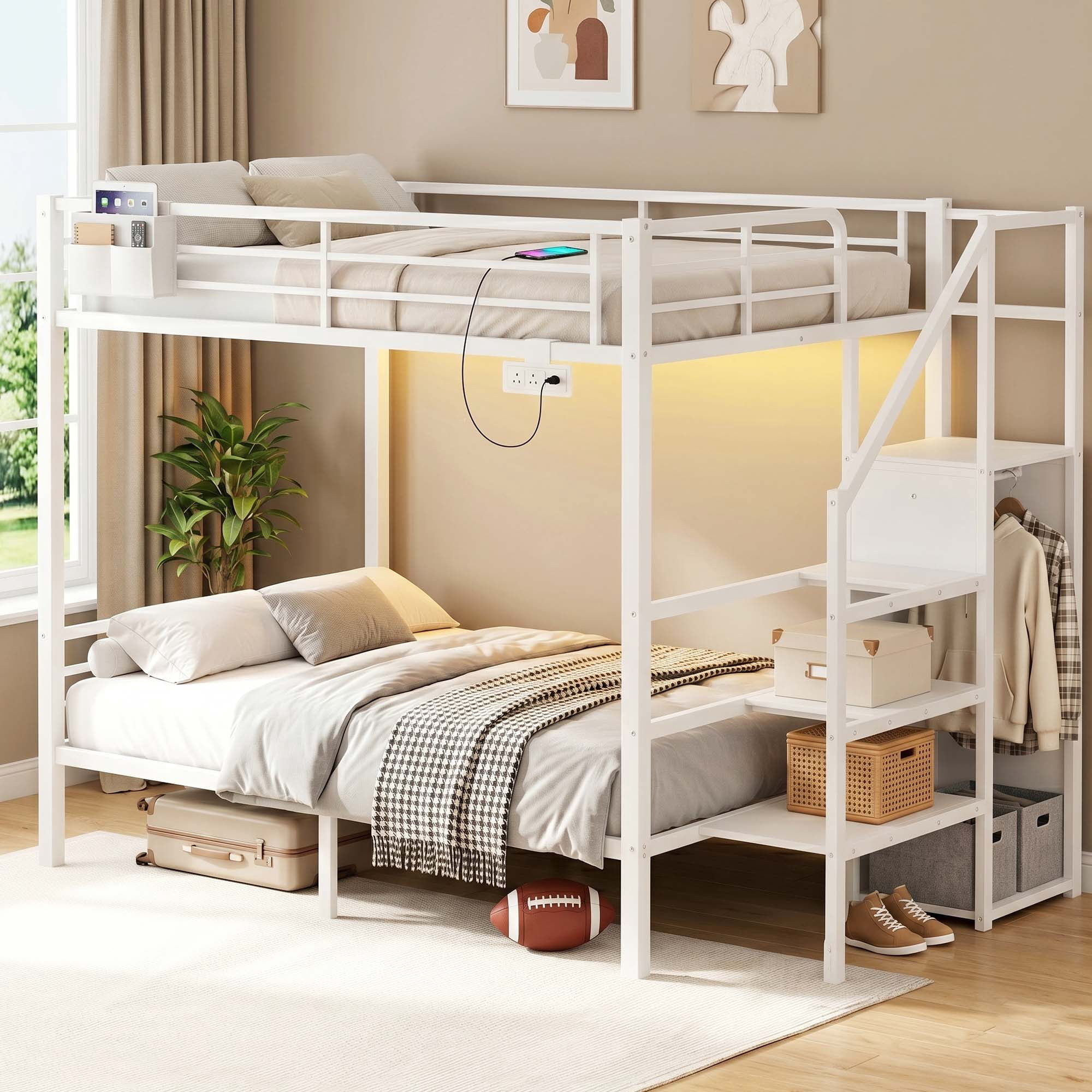 Miniyam Full Over Full Bunk Bed with Stairs, Storage and Charging Station, Metal Frame, White