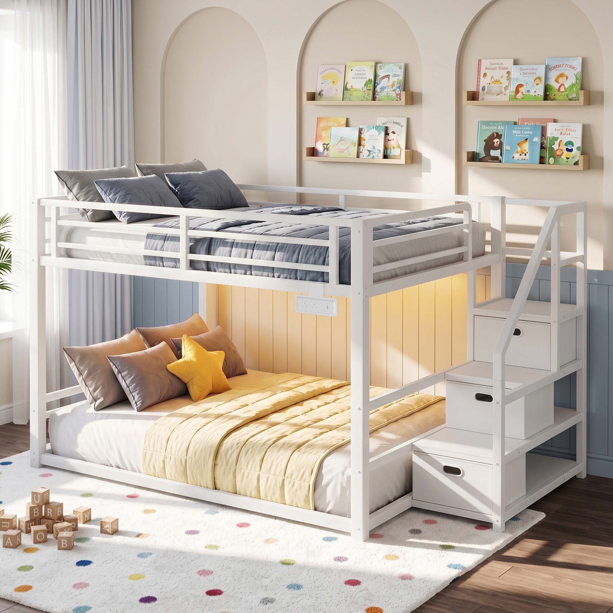Miniyam Full Over Full Bunk Bed with Storage Stairs, Movable Charging Station and LED Lights, White