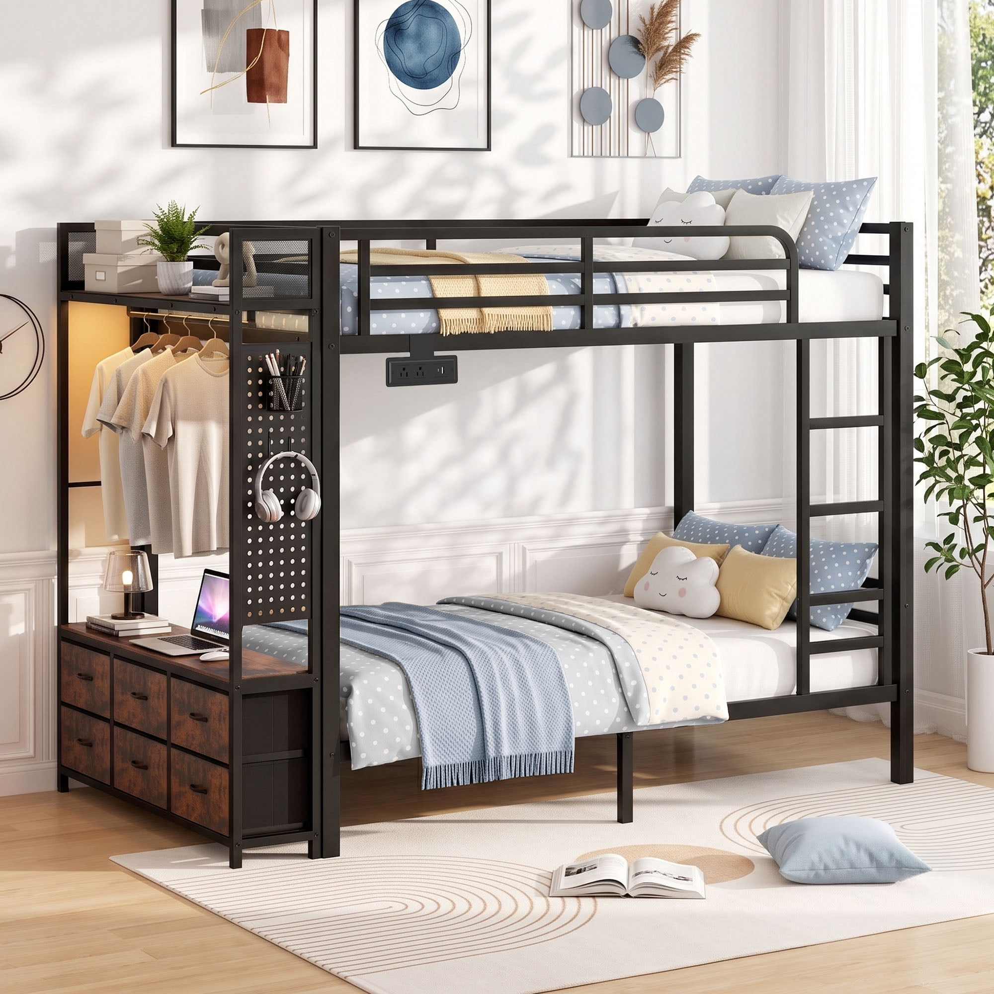 Miniyam Full Over Full Metal Bunk Bed with 6 Storage Drawers, LED Light and Charging Station, Black