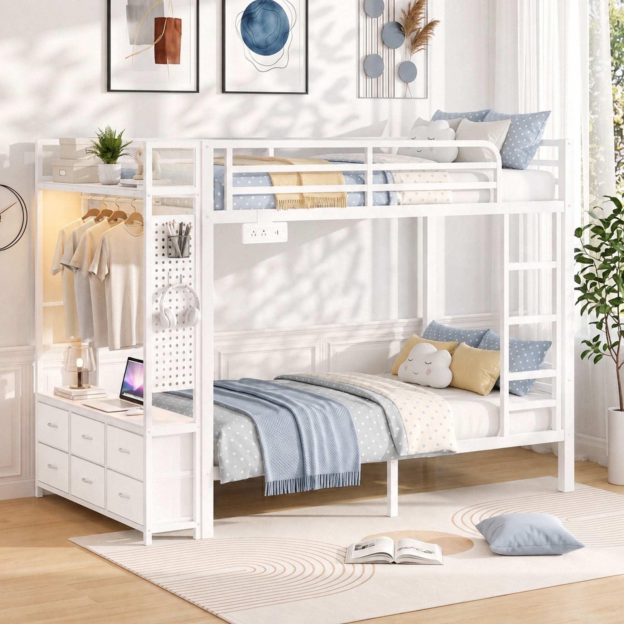 Miniyam Full Over Full Metal Bunk Bed with 6 Storage Drawers, LED Light and Charging Station,White