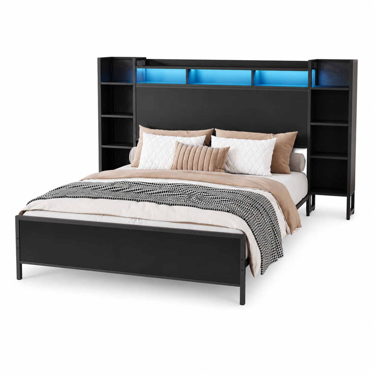 Miniyam Full Platform Bed Frame with Bookcase Headboard, Charging Station, LED Lights, Side Storage Shelves, Black