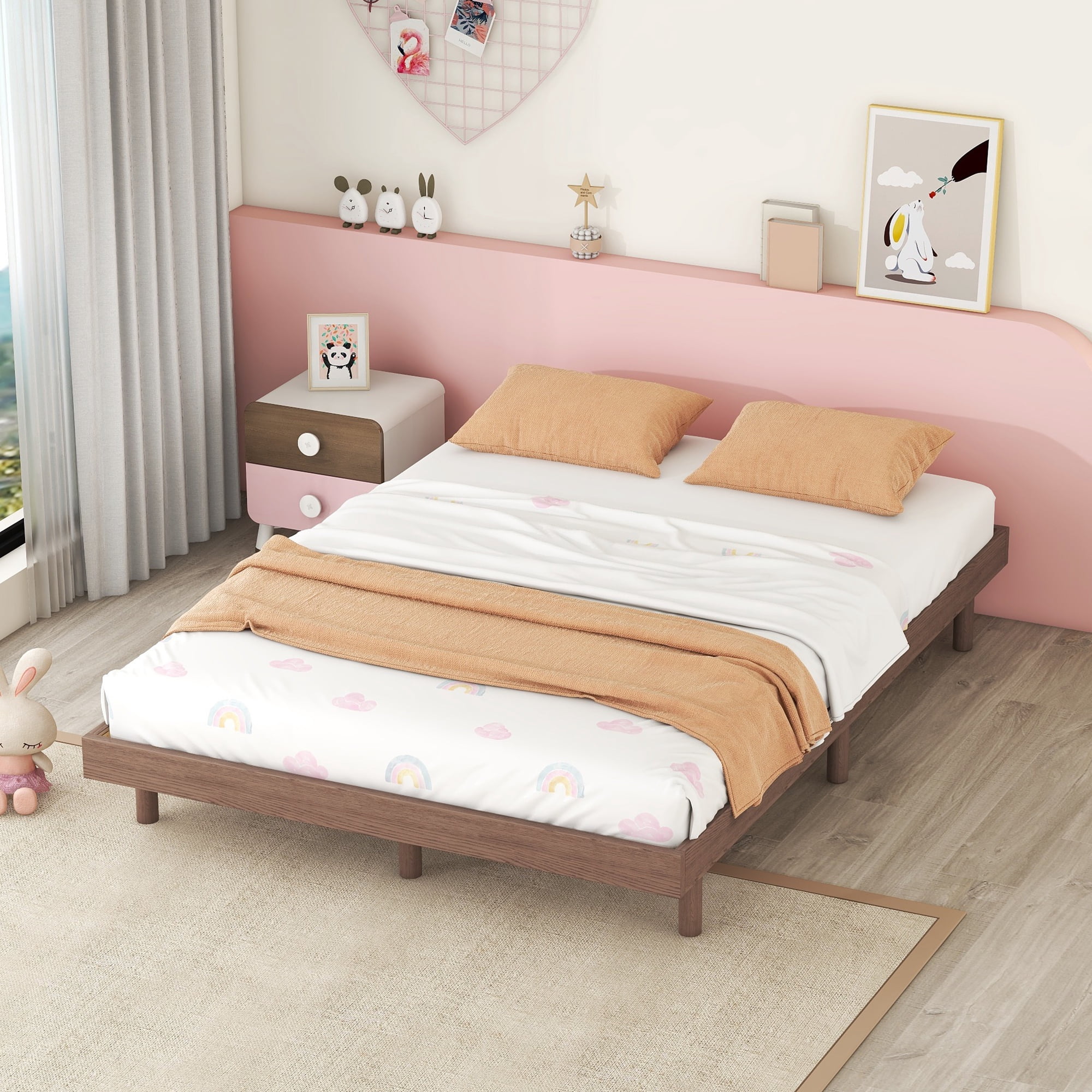 Miniyam Full Platform Bed , Low Profile Wooden Bed with Slats, No Box Spring Needed, Modern Design for Teen, Walnut