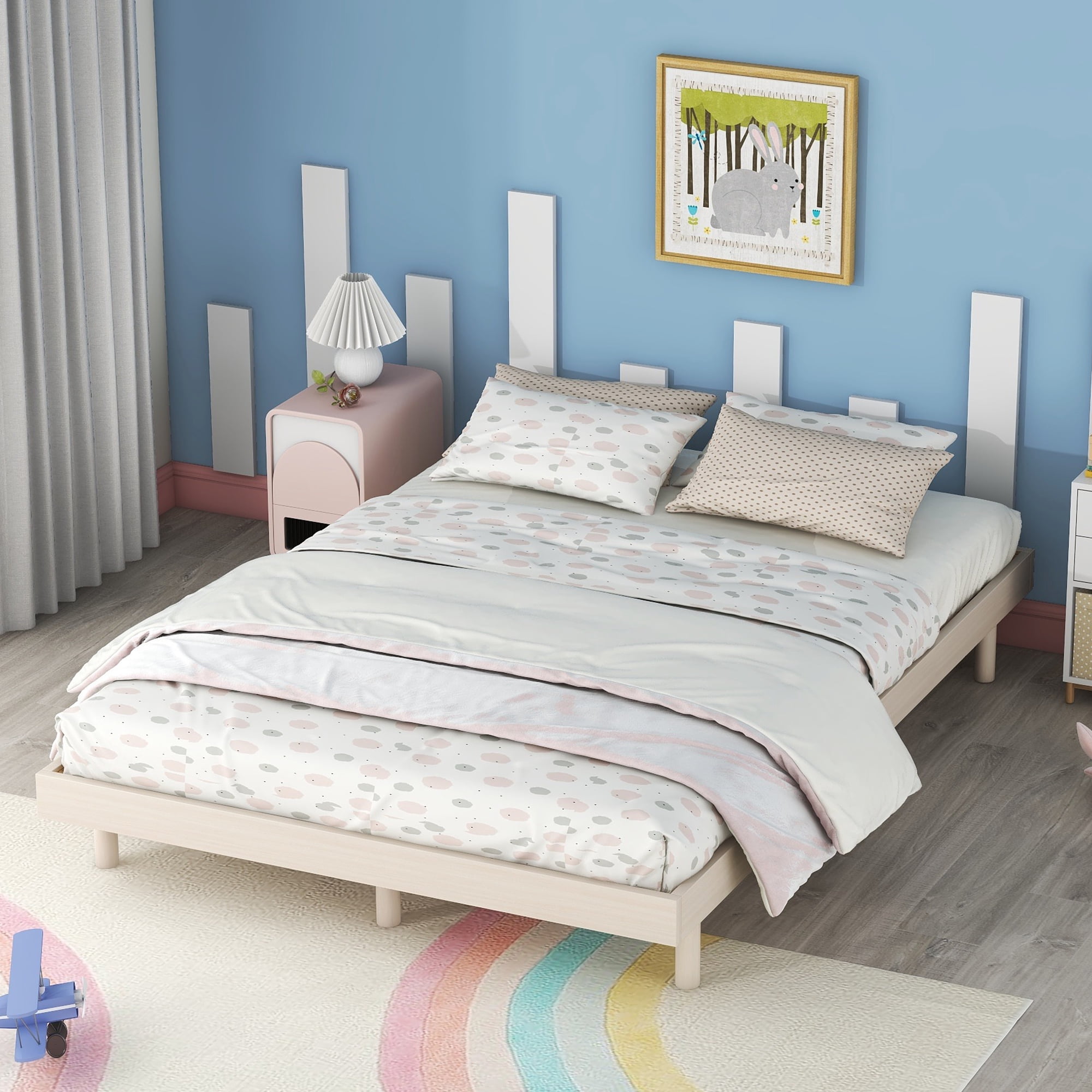 Miniyam Full Platform Bed , Low Profile Wooden Bed with Slats, No Box Spring Needed, Modern Design for Teen, White