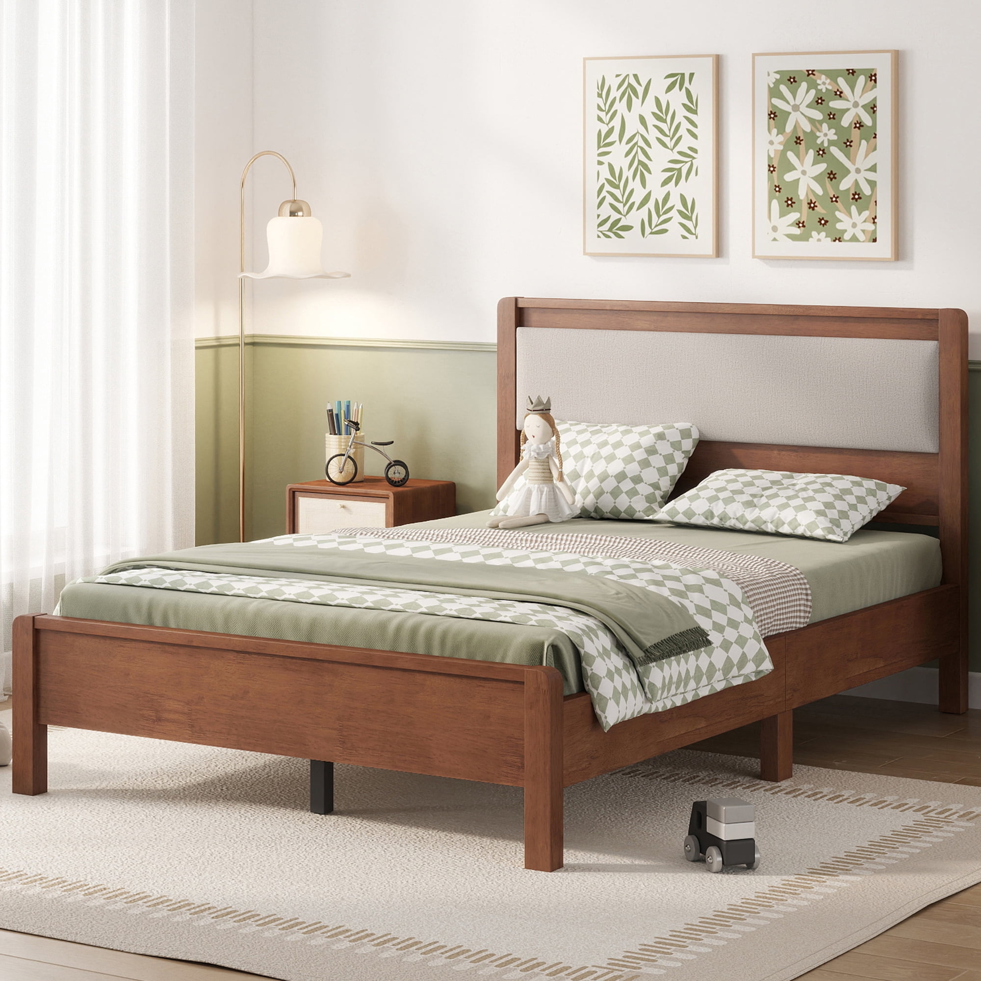 Miniyam Full Rubberwood Platform Bed Frame with Padded Upholstered Headboard, Brown