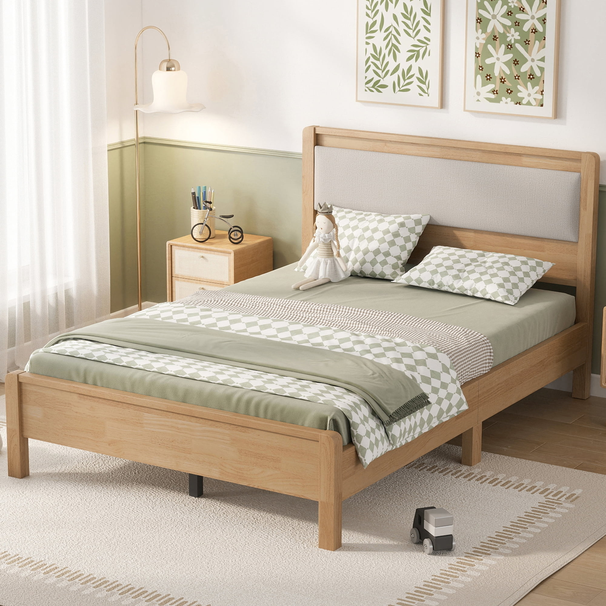 Miniyam Full Rubberwood Platform Bed Frame with Padded Upholstered Headboard, Natural