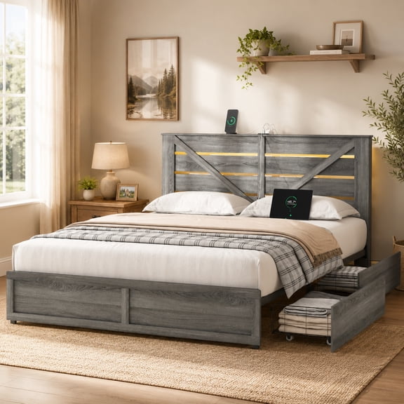 Miniyam Full Size Bed Frame with Storage Drawers, LED Lights, Charging Station, Barn Door Headboard, Metal Slats, Gray
