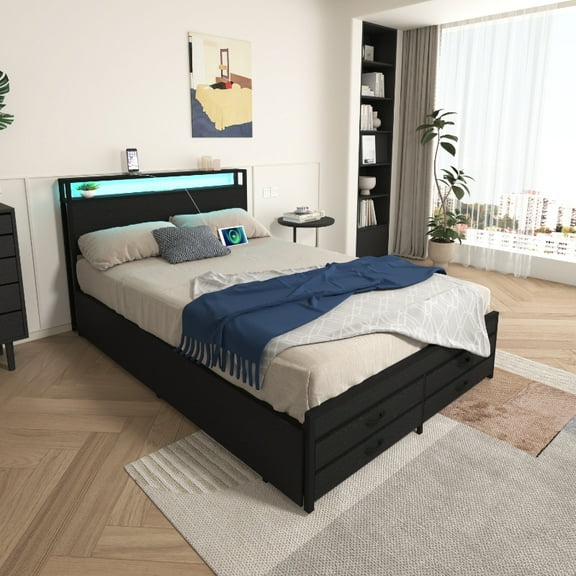 Miniyam Full Size Bed with LED Lights, Charging Station Headboard with USB & Type-C, 8 Storage Drawers for Adults Teens