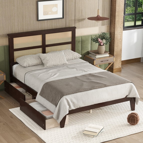 Miniyam Full Size Bed with Rattan Headboard, Storage Drawers for Adult, Espresso