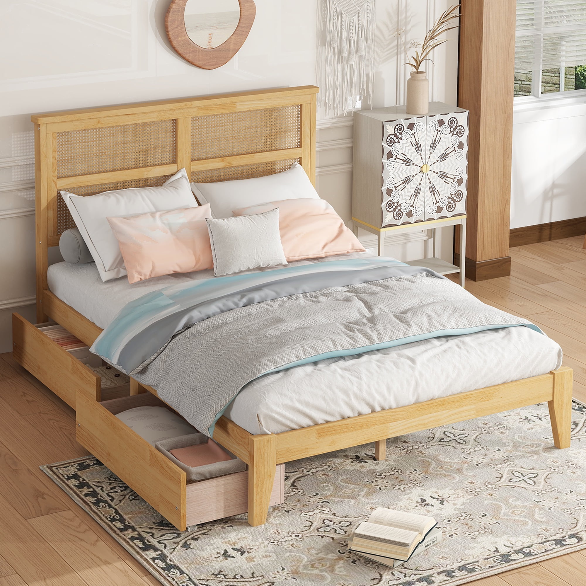 Miniyam Full Size Bed with Rattan Headboard, Storage Drawers for Adult, Oak