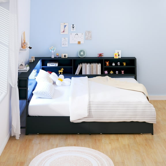 Miniyam Full Size Platform Bed with Storage Drawers and LED Headboard, Black
