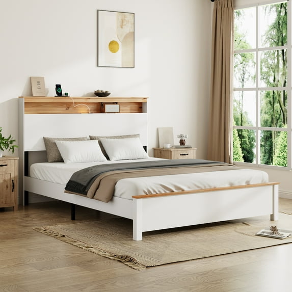 Miniyam Full Size Bed with Storage Headboard, USB & Type-C Charging Station, LED Touch Light for Adults & Teens