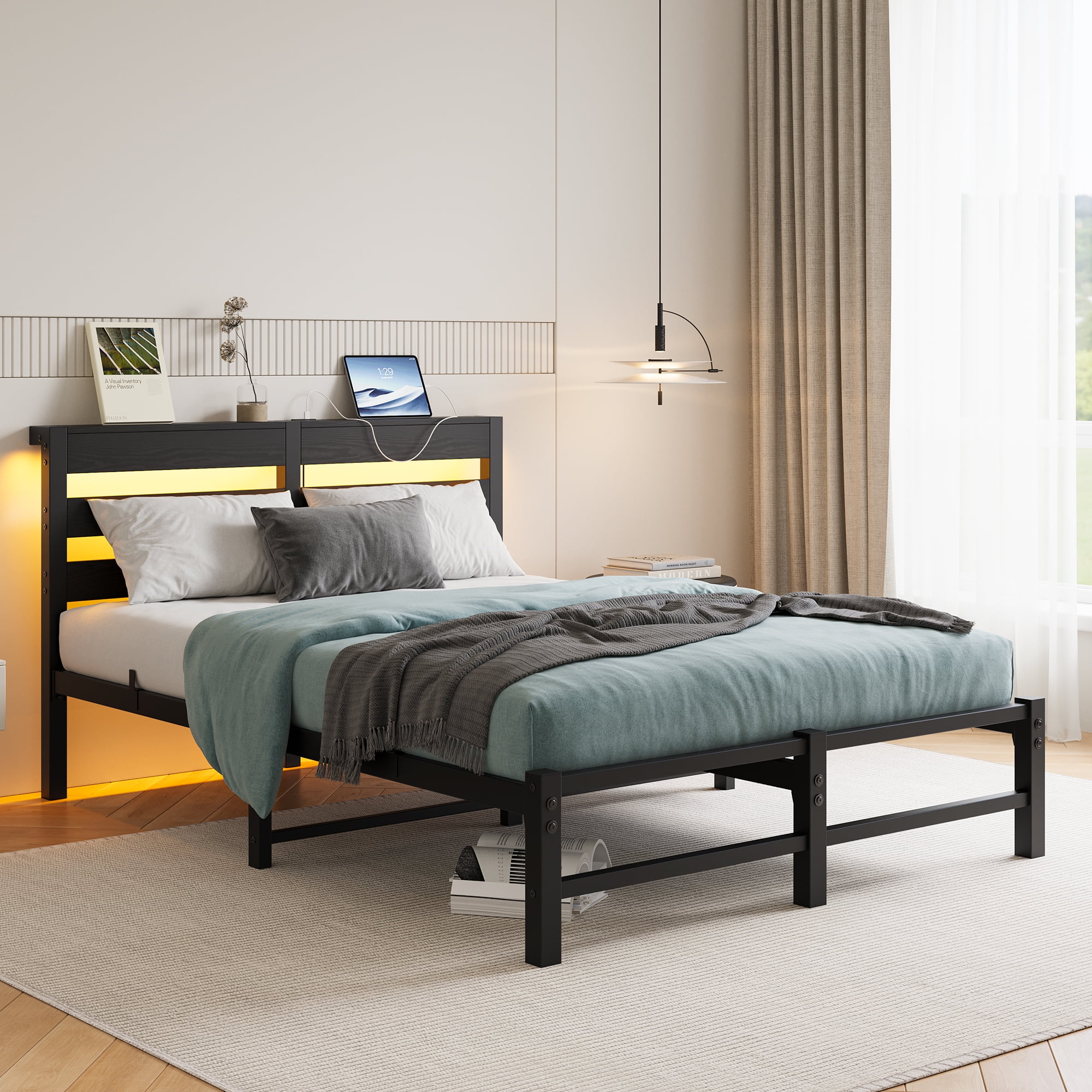 Miniyam Full Size Bed with USB Charging Station, LED Bed for Adult, Black