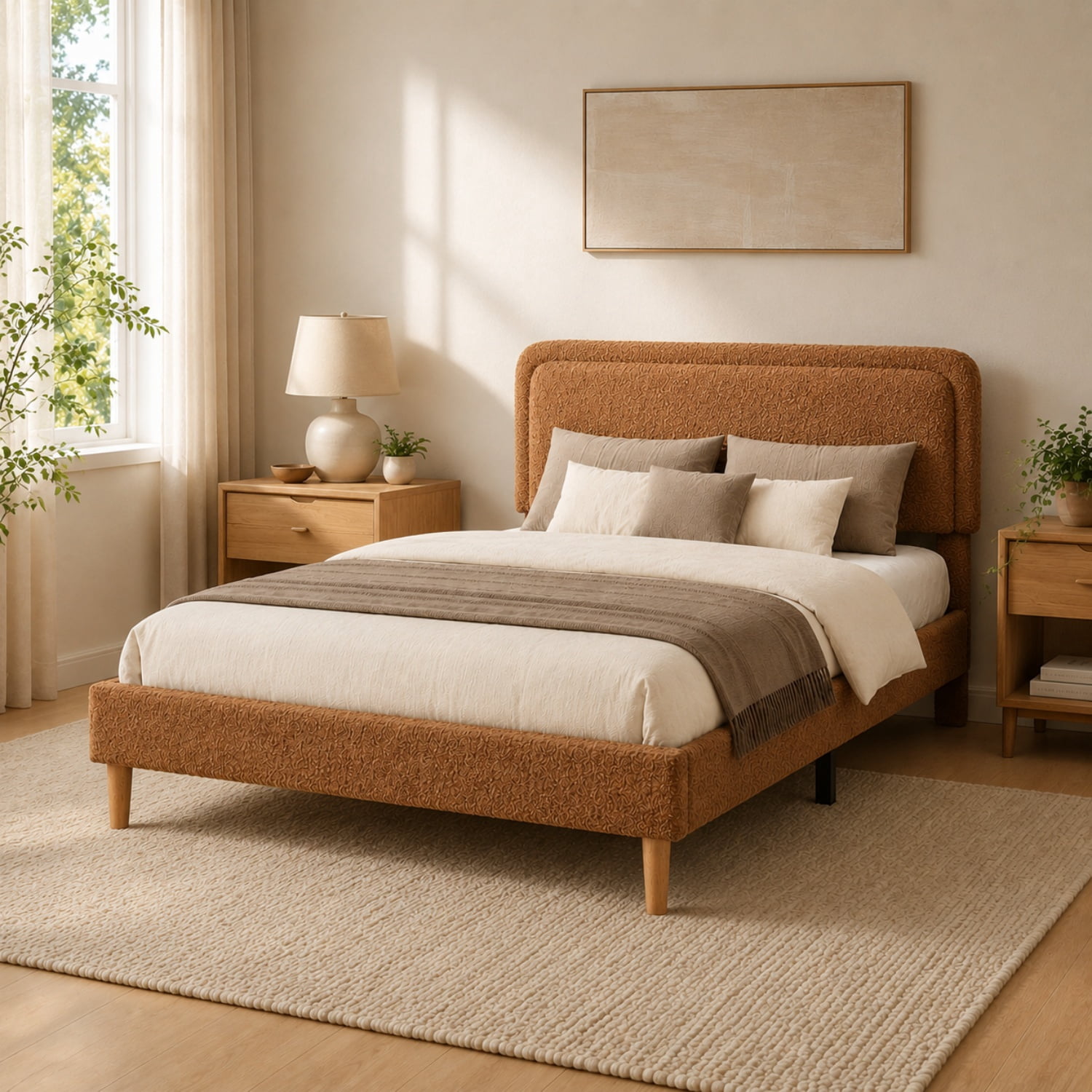 Miniyam Full Size Boucle Upholstered Platform Bed Frame with Adjustable Headboard and Wood Slat Support, Brown