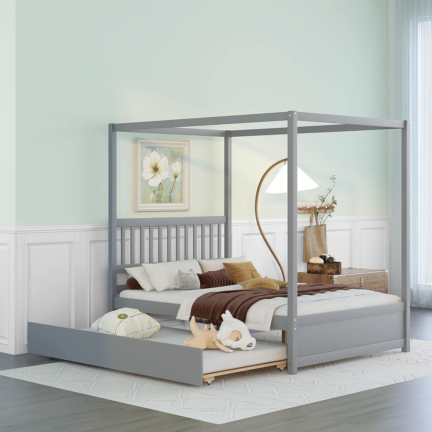 Miniyam Full Size Modern Canopy Bed with Trundle Gray Walmart