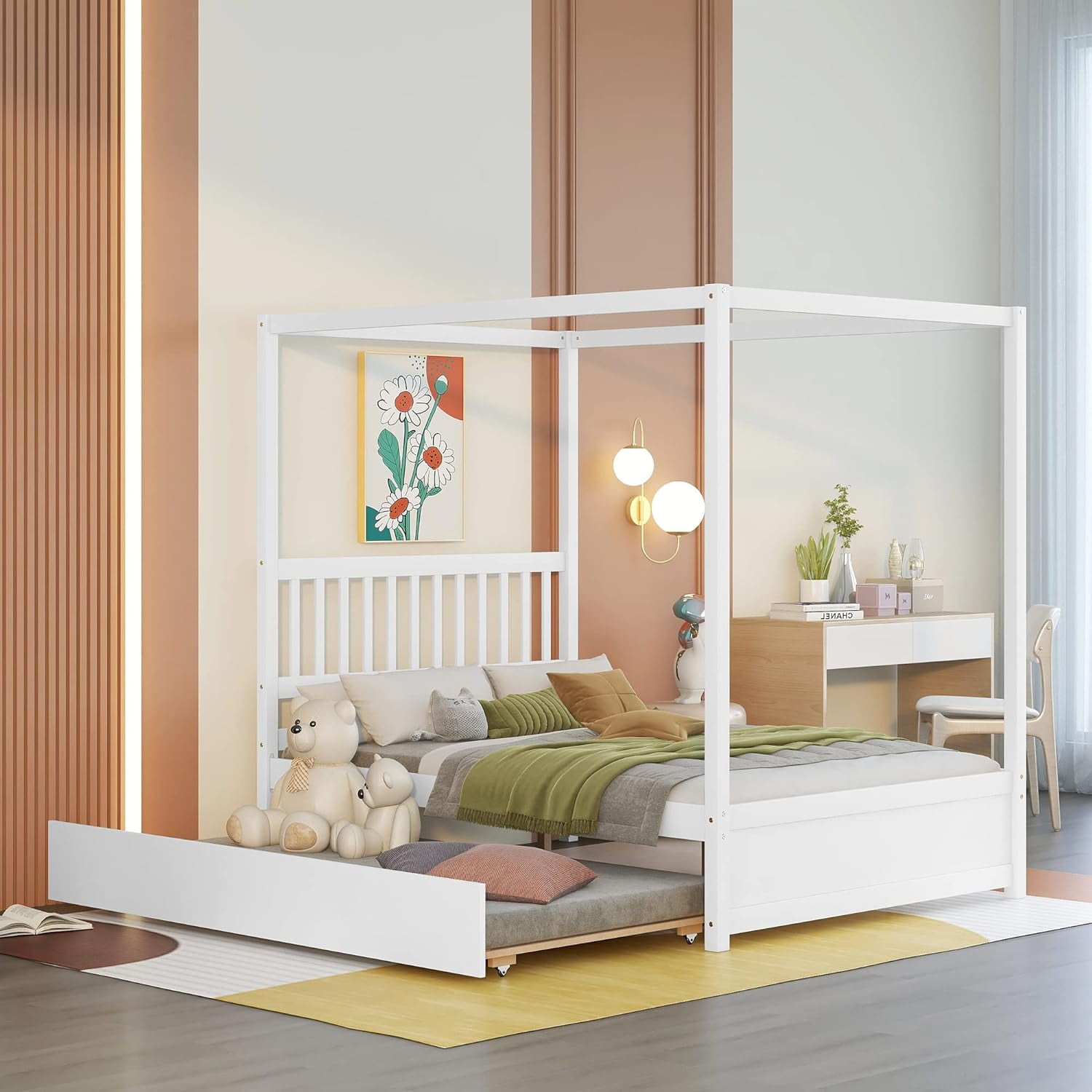 Miniyam Full Size Canopy Bed with Trundle, Wood Platform Bed Frame