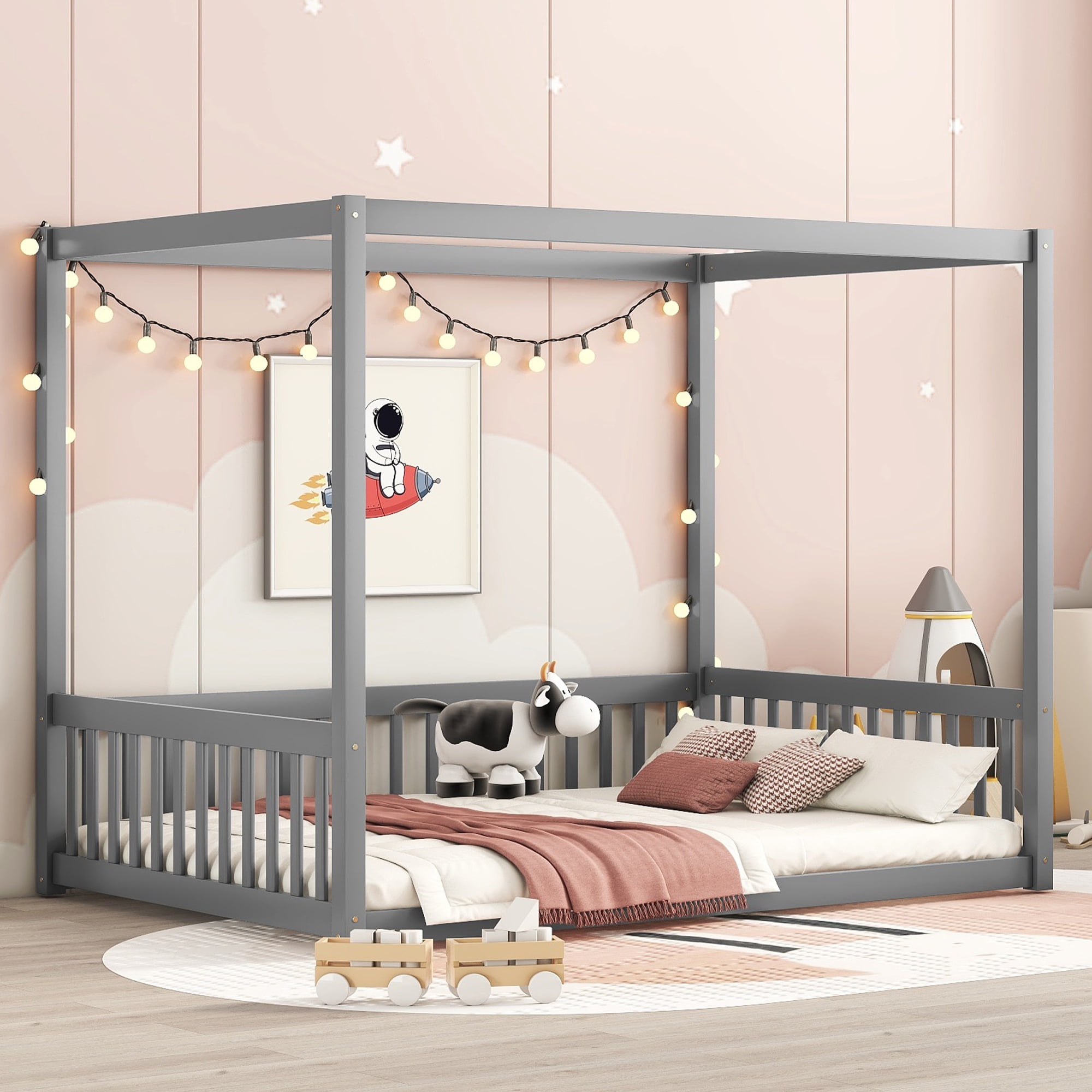 Miniyam Full Size Canopy FloorBed with Guardrails for Kids and Teens, Gray