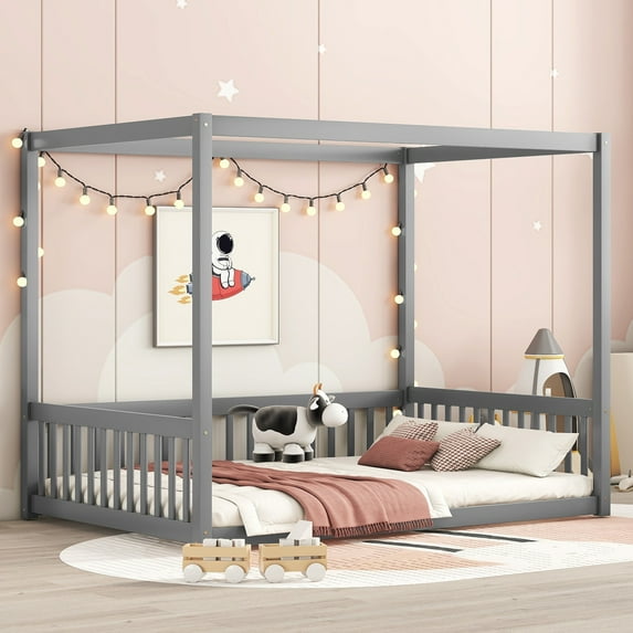 Miniyam Full Size Canopy FloorBed with Guardrails for Kids and Teens, Gray