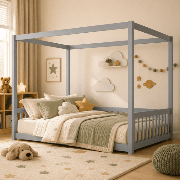 Miniyam Full Size Canopy FloorBed with Guardrails for Kids and Teens, Gray