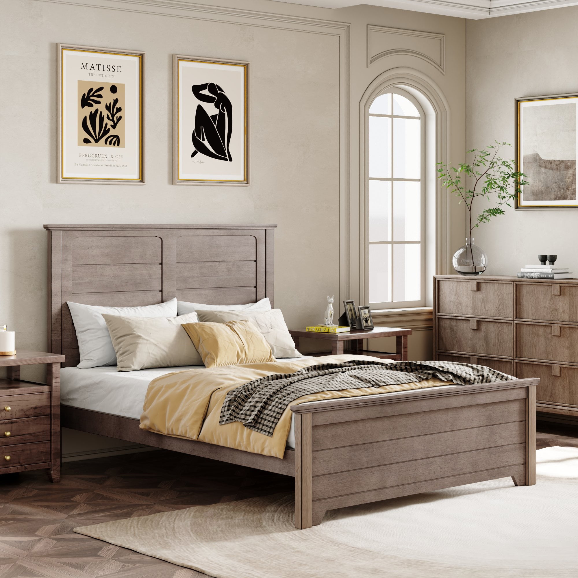 Miniyam Full Size Farmhouse Wooden Platform Bed with High Headboard and Footboard Ash Brown