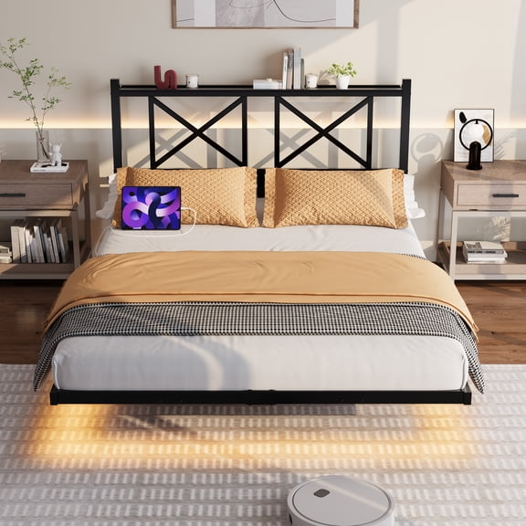 Miniyam Full Size Floating Metal Platform Bed with RGB LED Lights, Storage Headboard with AC & USB Charging Ports, Black