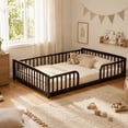 thumbnail image 1 of Miniyam Full Size Floor Bed with Guardrails, Low Profile Wooden Kids Bed Frame with Rounded Entrance, Espresso, 1 of 9