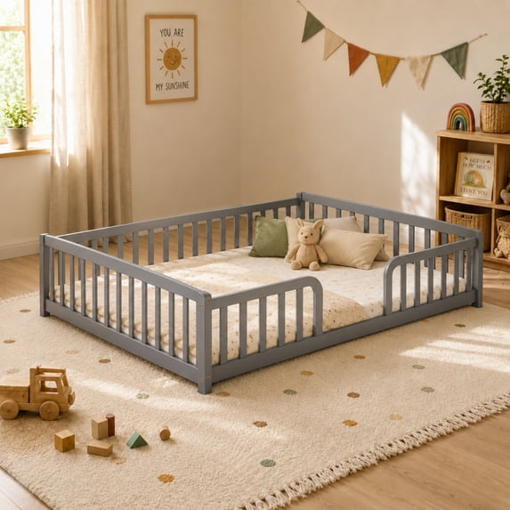 Miniyam Full Size Floor Bed with Guardrails, Low Profile Wooden Kids Bed Frame with Rounded Entrance, Gray
