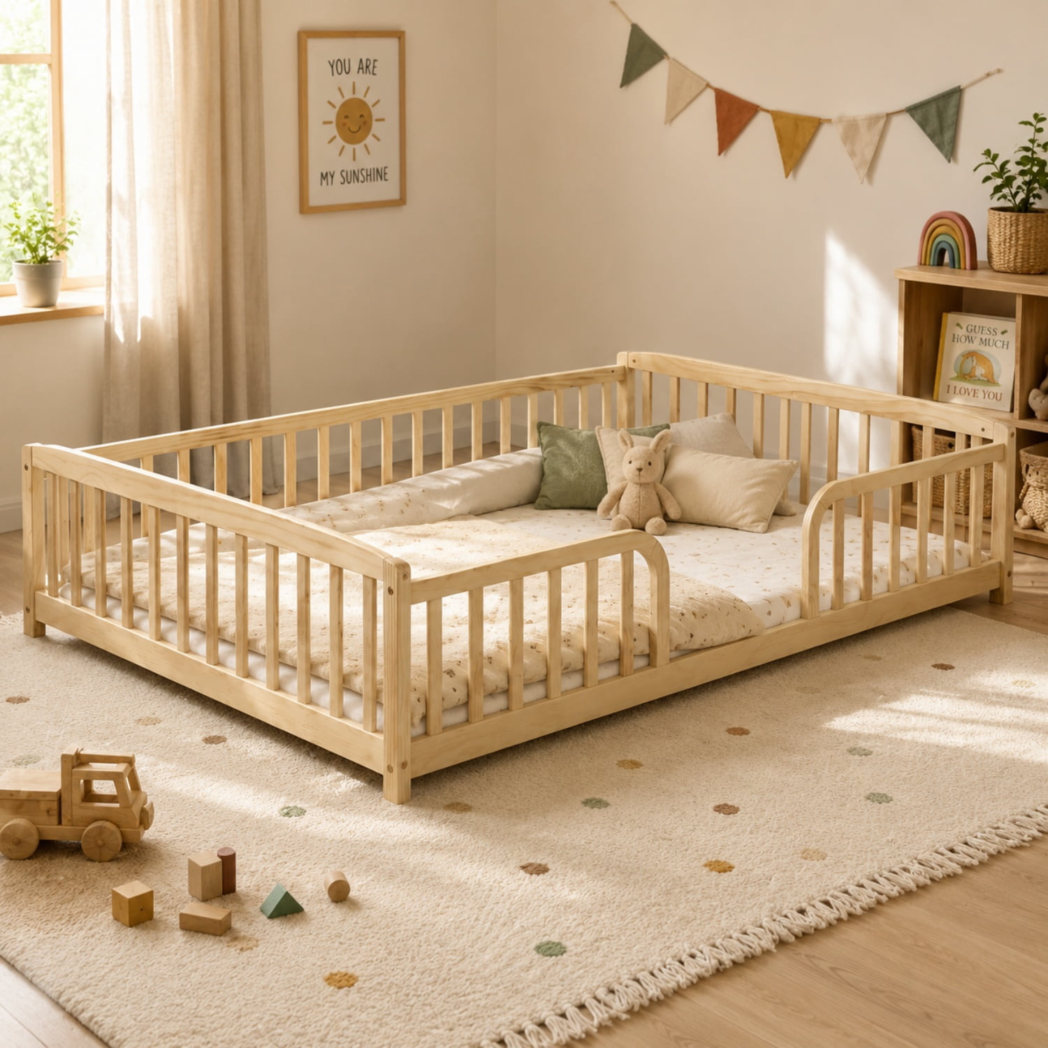 Miniyam Full Size Floor Bed with Guardrails, Low Profile Wooden Kids Bed Frame with Rounded Entrance, Natural