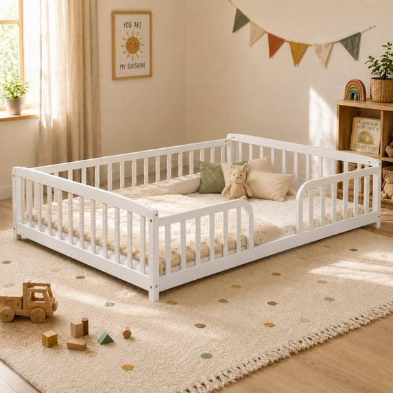 Miniyam Full Size Floor Bed with Guardrails, Low Profile Wooden Kids Bed Frame with Rounded Entrance, White