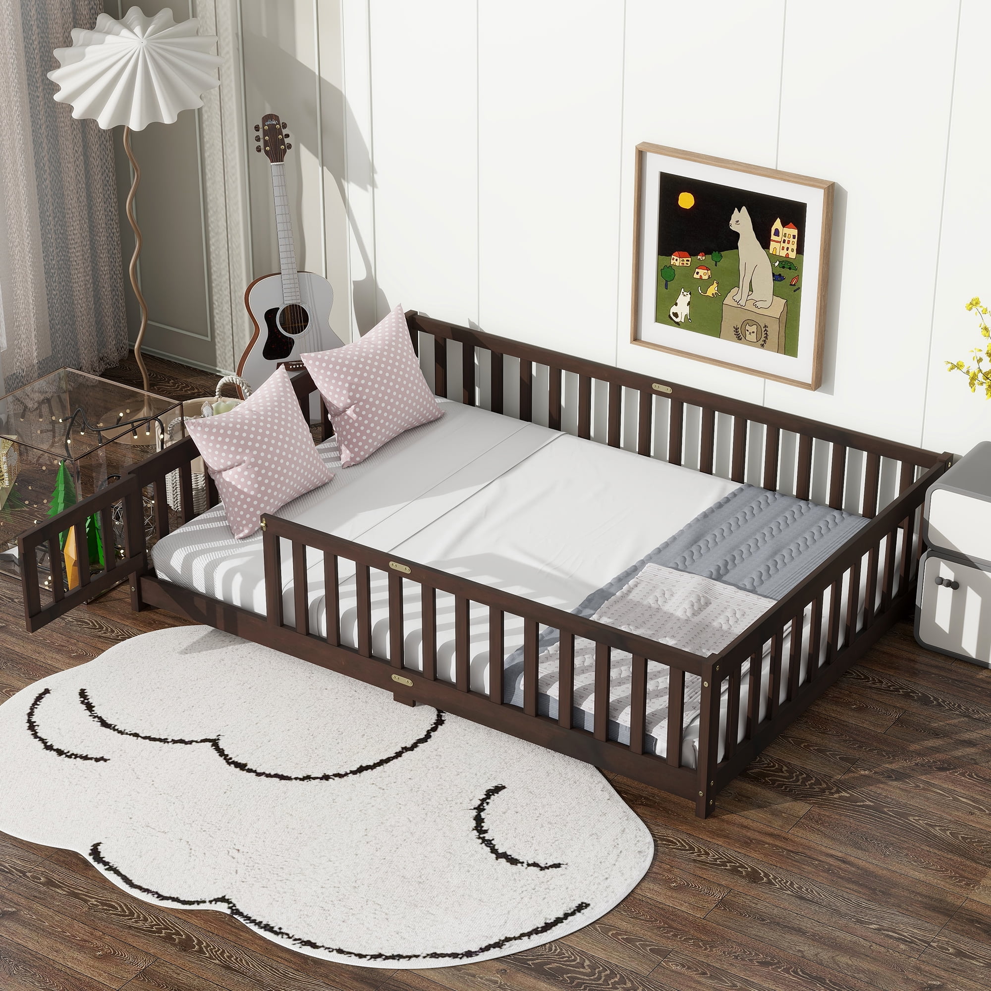 Miniyam Full Size Floor Bed with Guardrails and Door for Kids, Espresso